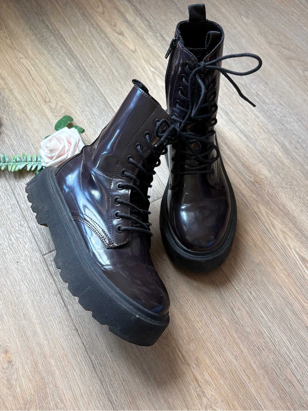 Zara Deep Plum Patent Leather Platform Combat Boots